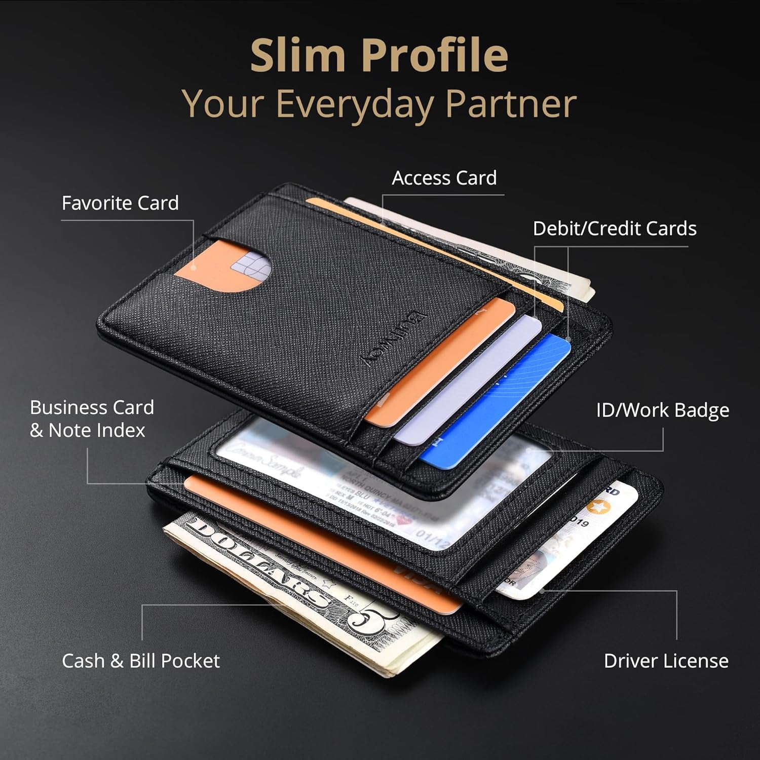 Slim Minimalist Front Pocket RFID Blocking Leather Wallets for Men and Women - Cross Black